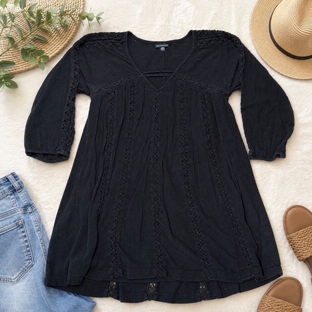 American Eagle dress Women M babydoll black boho peasant summer playful girly